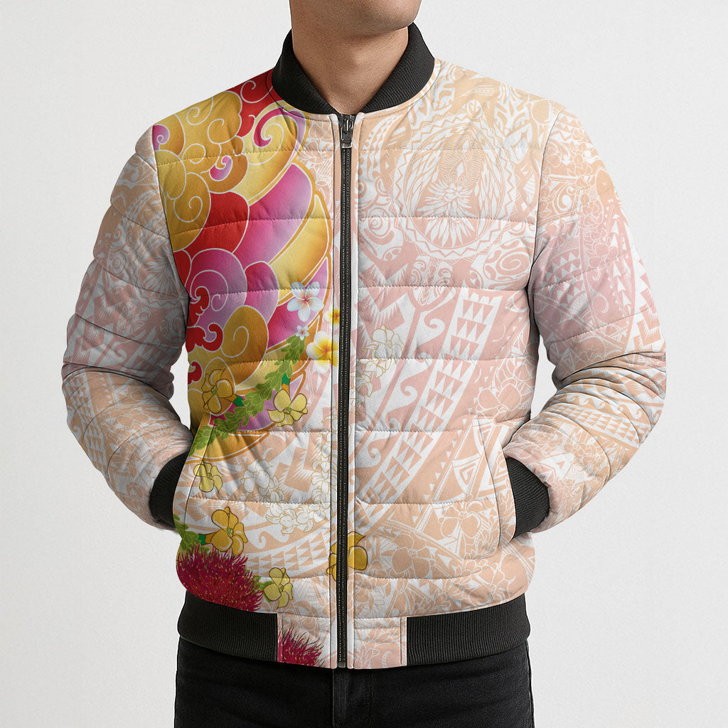 Japanese and Hawaiian Culture Fusion Bomber Puffer Jacket Irezumi with Turtles and Lei Kakau Pattern Sunset Vibe LT03 - Polynesian Pride