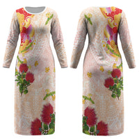 Japanese and Hawaiian Culture Fusion Couples Matching Long Sleeve Bodycon Dress and Hawaiian Shirt Irezumi with Turtles and Lei Kakau Pattern Sunset Vibe LT03 - Polynesian Pride