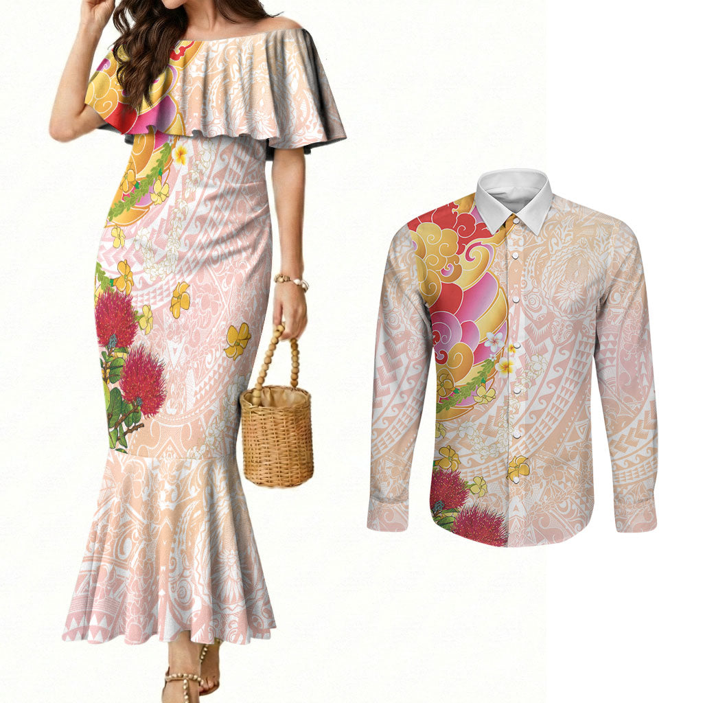 Japanese and Hawaiian Culture Fusion Couples Matching Mermaid Dress and Long Sleeve Button Shirt Irezumi with Turtles and Lei Kakau Pattern Sunset Vibe LT03 Multicolor - Polynesian Pride
