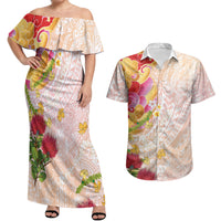 Japanese and Hawaiian Culture Fusion Couples Matching Off Shoulder Maxi Dress and Hawaiian Shirt Irezumi with Turtles and Lei Kakau Pattern Sunset Vibe LT03 Multicolor - Polynesian Pride