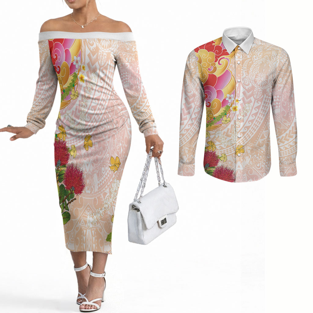 Japanese and Hawaiian Culture Fusion Couples Matching Off The Shoulder Long Sleeve Dress and Long Sleeve Button Shirt Irezumi with Turtles and Lei Kakau Pattern Sunset Vibe LT03 Multicolor - Polynesian Pride