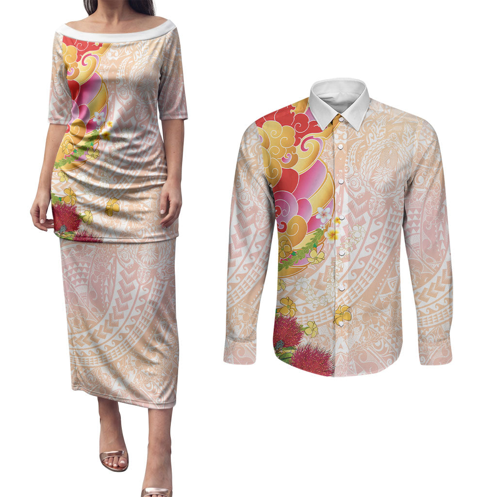 Japanese and Hawaiian Culture Fusion Couples Matching Puletasi and Long Sleeve Button Shirt Irezumi with Turtles and Lei Kakau Pattern Sunset Vibe LT03 Multicolor - Polynesian Pride