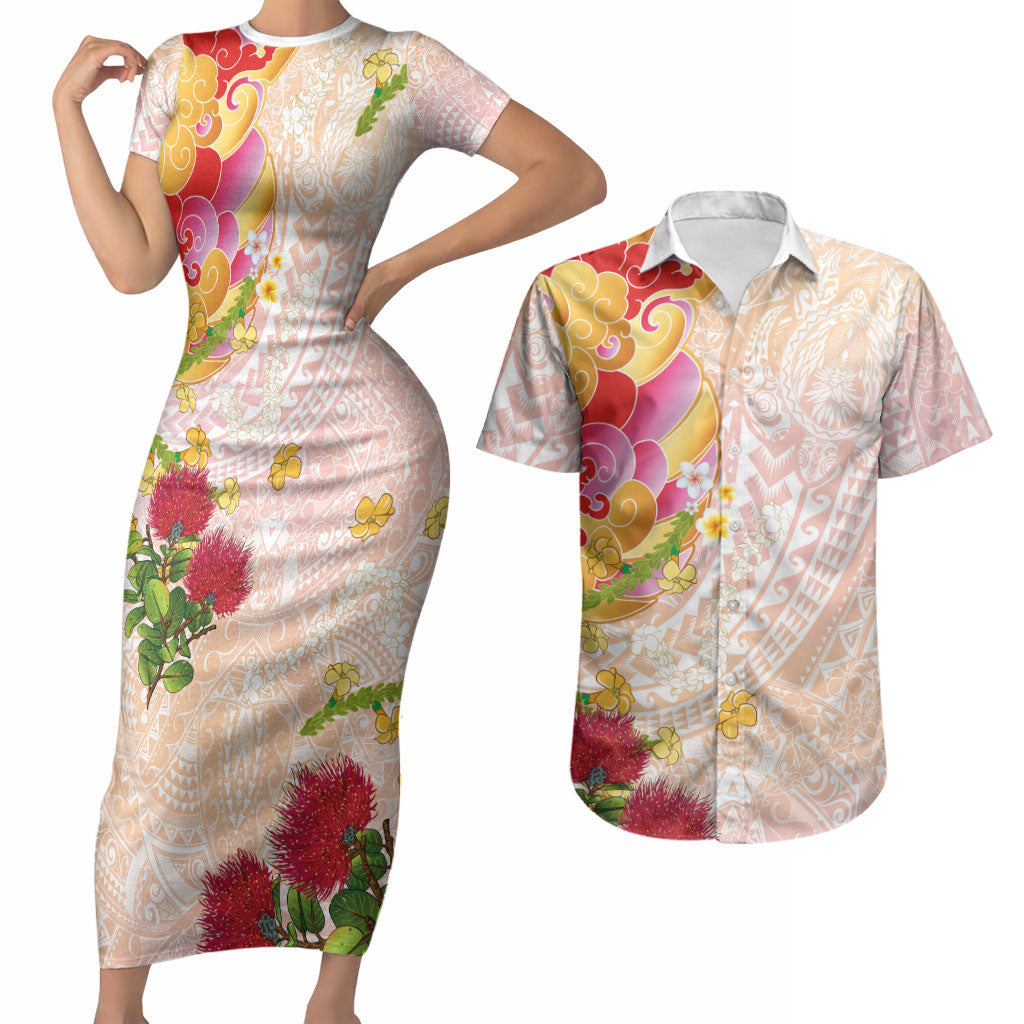Japanese and Hawaiian Culture Fusion Couples Matching Short Sleeve Bodycon Dress and Hawaiian Shirt Irezumi with Turtles and Lei Kakau Pattern Sunset Vibe LT03 Multicolor - Polynesian Pride
