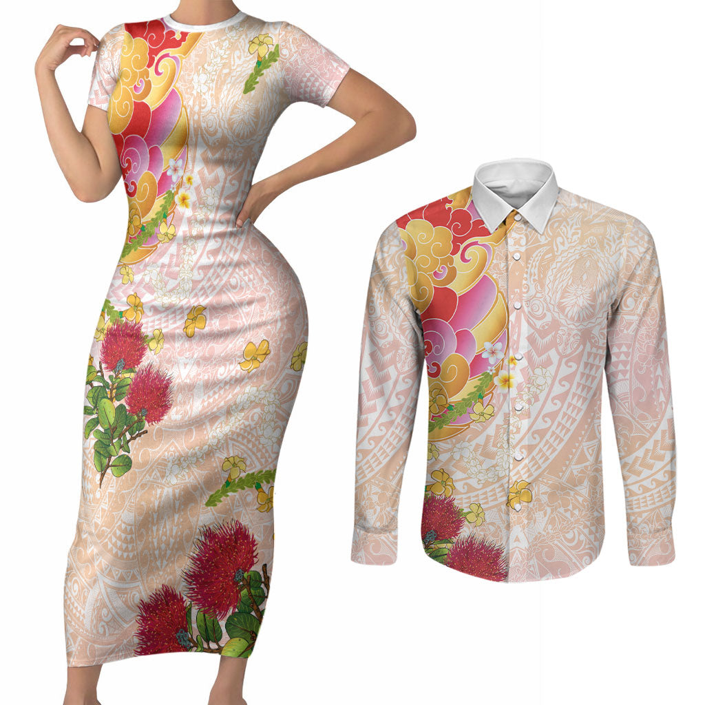 Japanese and Hawaiian Culture Fusion Couples Matching Short Sleeve Bodycon Dress and Long Sleeve Button Shirt Irezumi with Turtles and Lei Kakau Pattern Sunset Vibe LT03 Multicolor - Polynesian Pride