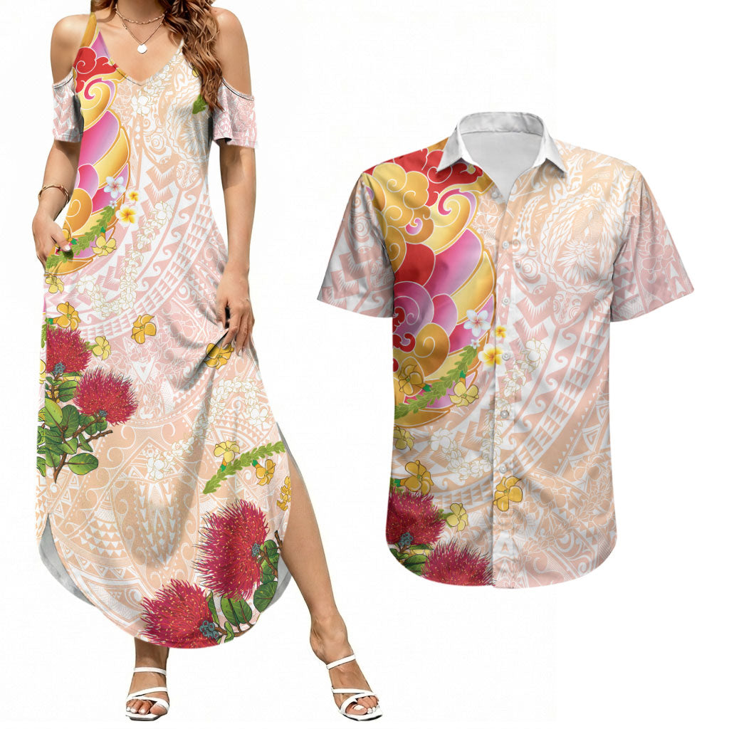 Japanese and Hawaiian Culture Fusion Couples Matching Summer Maxi Dress and Hawaiian Shirt Irezumi with Turtles and Lei Kakau Pattern Sunset Vibe LT03 Multicolor - Polynesian Pride