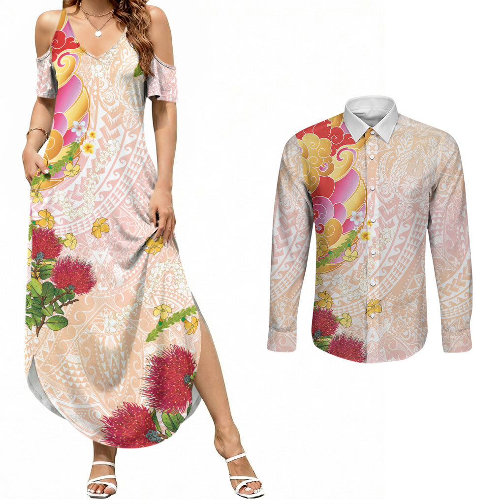 Japanese and Hawaiian Culture Fusion Couples Matching Summer Maxi Dress and Long Sleeve Button Shirt Irezumi with Turtles and Lei Kakau Pattern Sunset Vibe LT03 Multicolor - Polynesian Pride