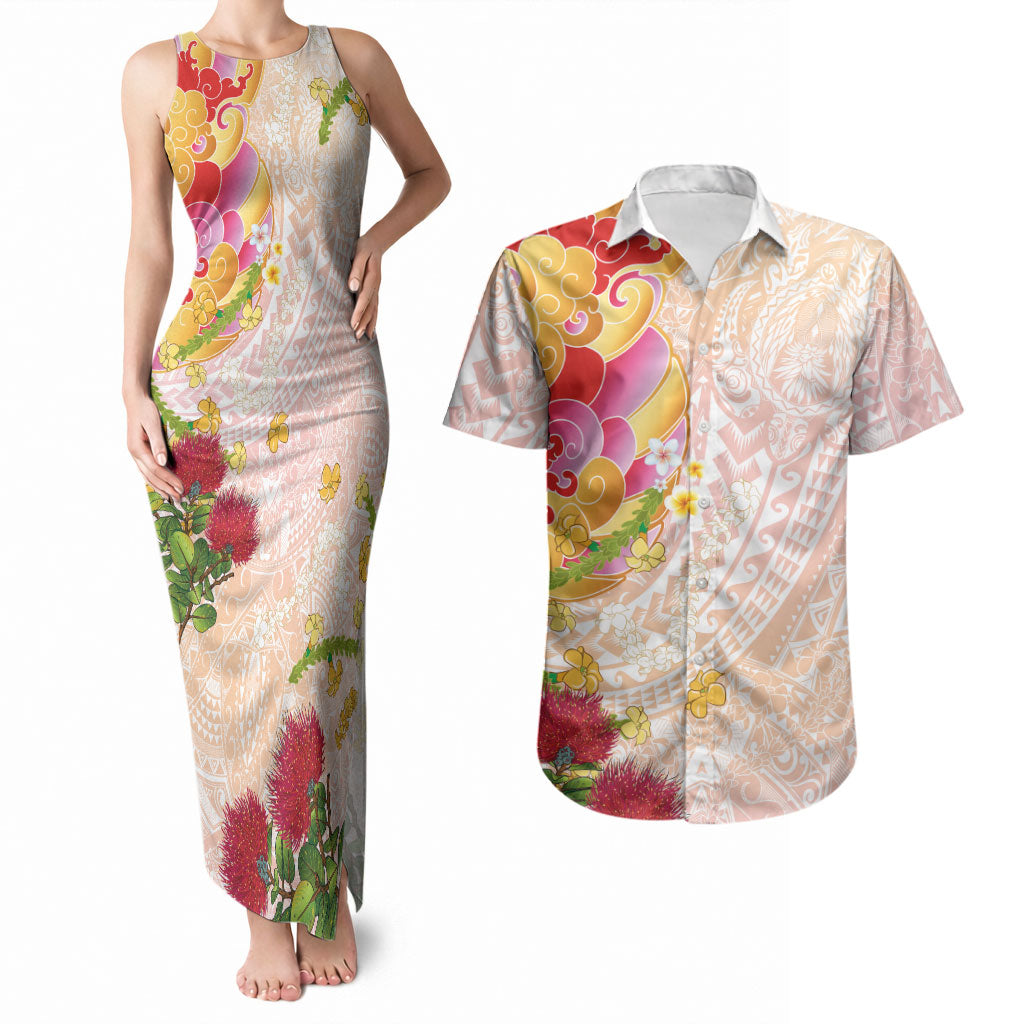 Japanese and Hawaiian Culture Fusion Couples Matching Tank Maxi Dress and Hawaiian Shirt Irezumi with Turtles and Lei Kakau Pattern Sunset Vibe LT03 Multicolor - Polynesian Pride