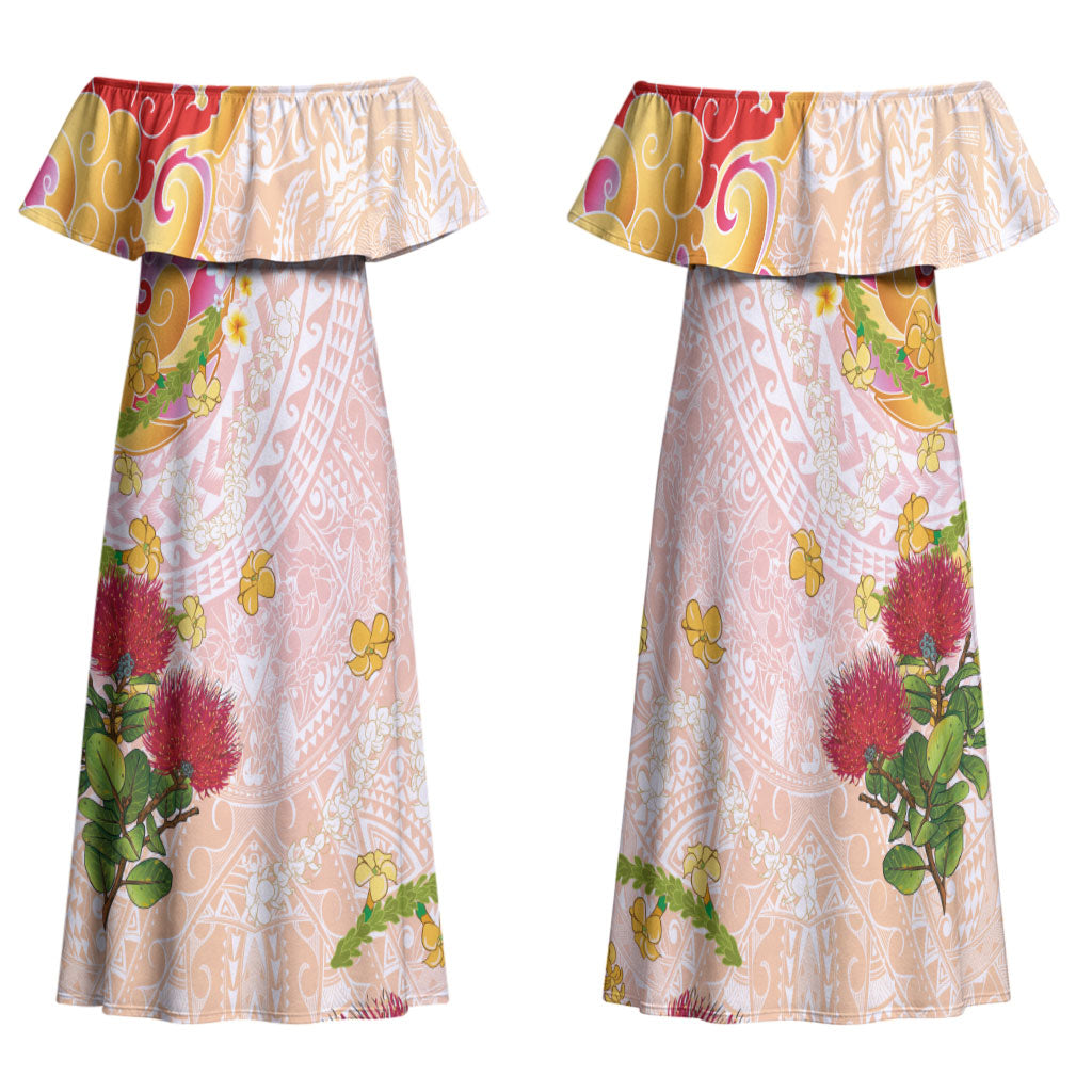 Japanese and Hawaiian Culture Fusion Family Matching Off Shoulder Maxi Dress and Hawaiian Shirt Irezumi with Turtles and Lei Kakau Pattern Sunset Vibe LT03 Mom's Dress Multicolor - Polynesian Pride