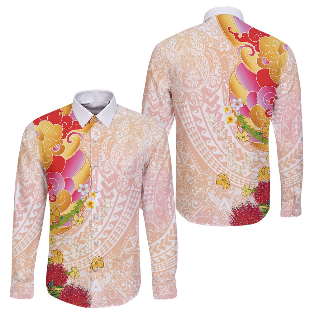 Japanese and Hawaiian Culture Fusion Family Matching Off Shoulder Maxi Dress and Hawaiian Shirt Irezumi with Turtles and Lei Kakau Pattern Sunset Vibe LT03 Dad's Shirt - Long Sleeve Multicolor - Polynesian Pride