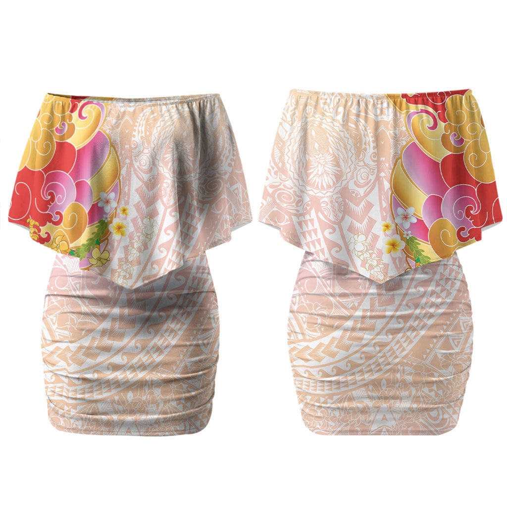 Japanese and Hawaiian Culture Fusion Family Matching Off Shoulder Short Dress and Hawaiian Shirt Irezumi with Turtles and Lei Kakau Pattern Sunset Vibe LT03 Mom's Dress Multicolor - Polynesian Pride