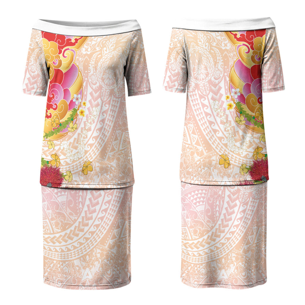 Japanese and Hawaiian Culture Fusion Family Matching Puletasi and Hawaiian Shirt Irezumi with Turtles and Lei Kakau Pattern Sunset Vibe LT03 Mom's Dress Multicolor - Polynesian Pride