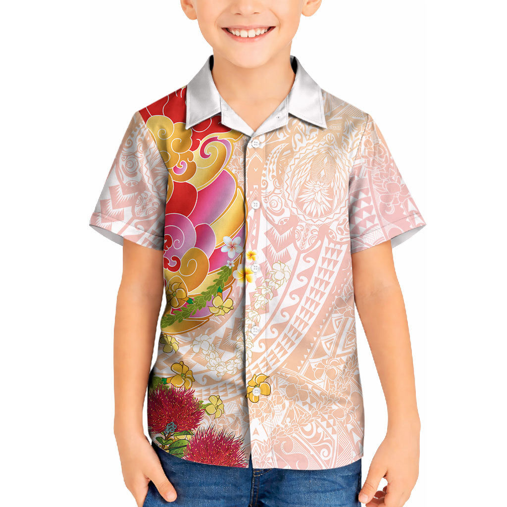 Japanese and Hawaiian Culture Fusion Kid Hawaiian Shirt Irezumi with Turtles and Lei Kakau Pattern Sunset Vibe