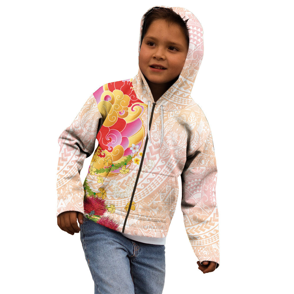 Japanese and Hawaiian Culture Fusion Kid Hoodie Irezumi with Turtles and Lei Kakau Pattern Sunset Vibe LT03 - Polynesian Pride