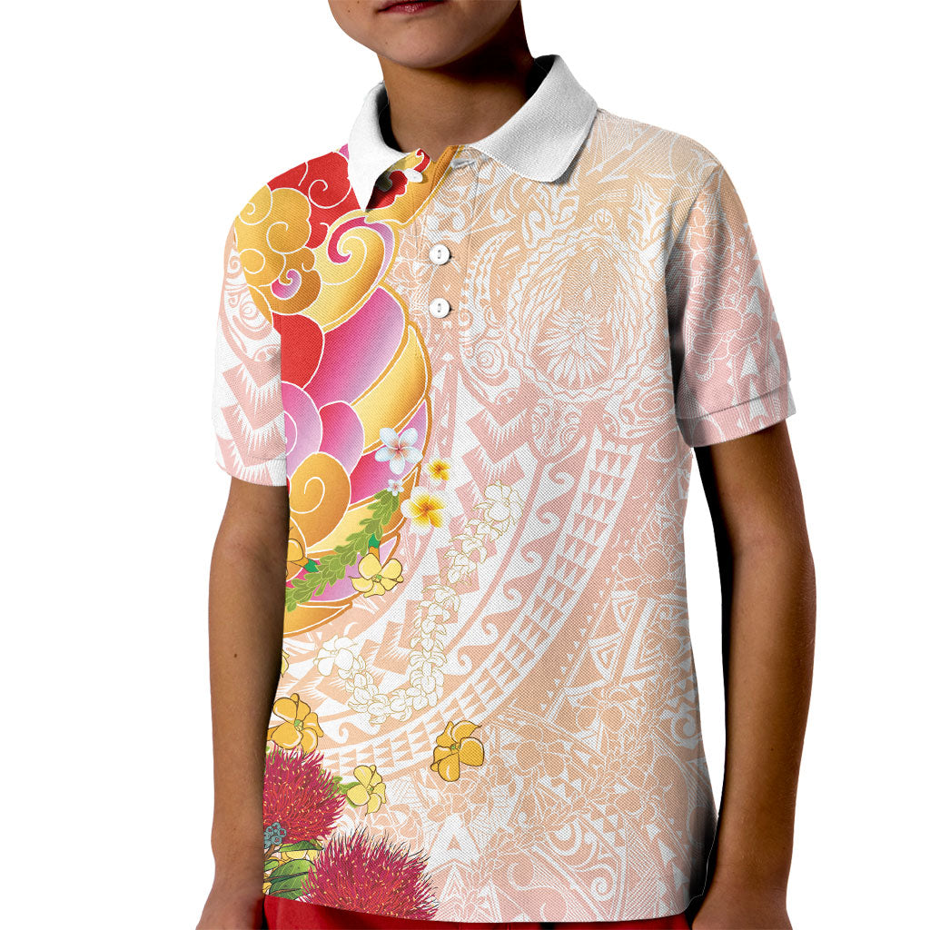 Japanese and Hawaiian Culture Fusion Kid Polo Shirt Irezumi with Turtles and Lei Kakau Pattern Sunset Vibe LT03 Kid Multicolor - Polynesian Pride