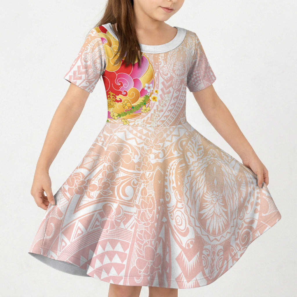 Japanese and Hawaiian Culture Fusion Kid Short Sleeve Dress Irezumi with Turtles and Lei Kakau Pattern Sunset Vibe LT03 KID Multicolor - Polynesian Pride