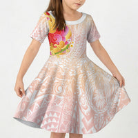 Japanese and Hawaiian Culture Fusion Kid Short Sleeve Dress Irezumi with Turtles and Lei Kakau Pattern Sunset Vibe LT03 KID Multicolor - Polynesian Pride