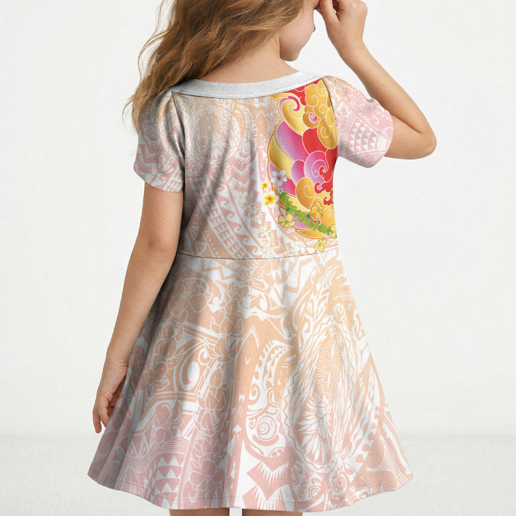 Japanese and Hawaiian Culture Fusion Kid Short Sleeve Dress Irezumi with Turtles and Lei Kakau Pattern Sunset Vibe LT03 - Polynesian Pride