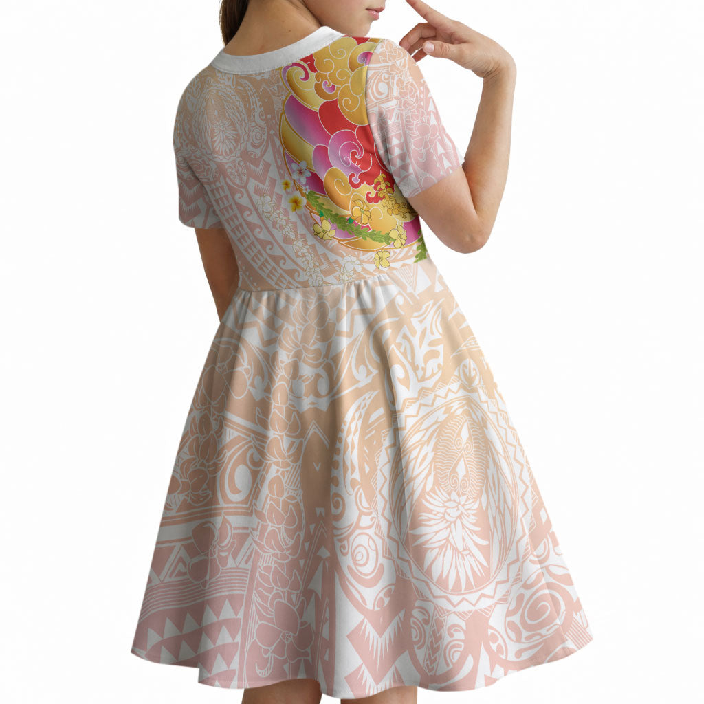 Japanese and Hawaiian Culture Fusion Kid Short Sleeve Dress Irezumi with Turtles and Lei Kakau Pattern Sunset Vibe LT03 - Polynesian Pride