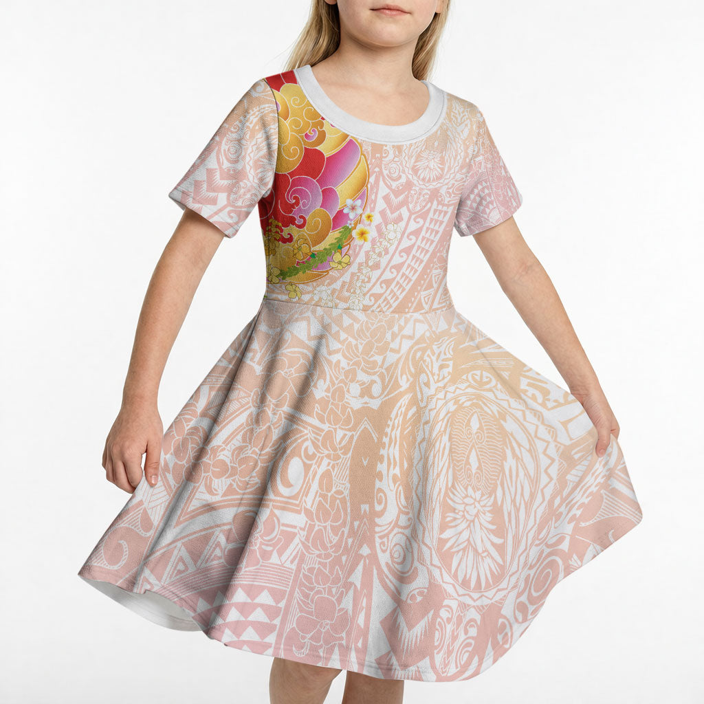 Japanese and Hawaiian Culture Fusion Kid Short Sleeve Dress Irezumi with Turtles and Lei Kakau Pattern Sunset Vibe LT03 - Polynesian Pride