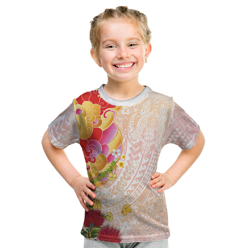 Japanese and Hawaiian Culture Fusion Kid T Shirt Irezumi with Turtles and Lei Kakau Pattern Sunset Vibe LT03 Multicolor - Polynesian Pride
