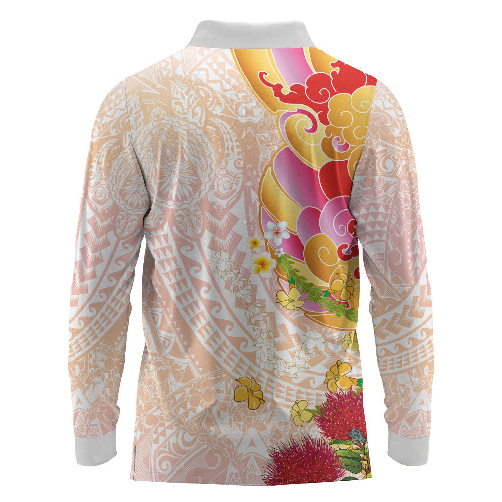 Japanese and Hawaiian Culture Fusion Long Sleeve Polo Shirt Irezumi with Turtles and Lei Kakau Pattern Sunset Vibe LT03 - Polynesian Pride