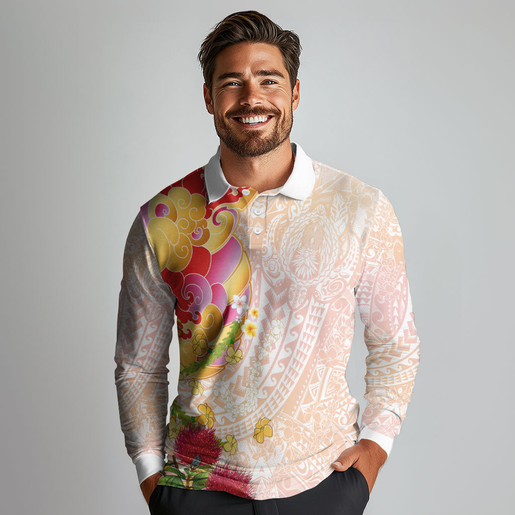 Japanese and Hawaiian Culture Fusion Long Sleeve Polo Shirt Irezumi with Turtles and Lei Kakau Pattern Sunset Vibe LT03 - Polynesian Pride
