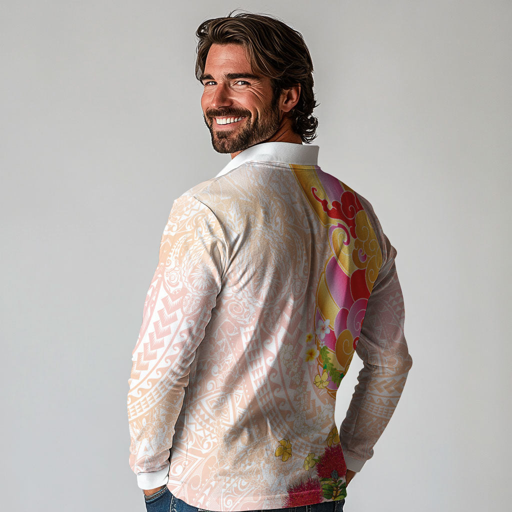Japanese and Hawaiian Culture Fusion Long Sleeve Polo Shirt Irezumi with Turtles and Lei Kakau Pattern Sunset Vibe LT03 - Polynesian Pride