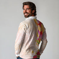 Japanese and Hawaiian Culture Fusion Long Sleeve Polo Shirt Irezumi with Turtles and Lei Kakau Pattern Sunset Vibe LT03 - Polynesian Pride