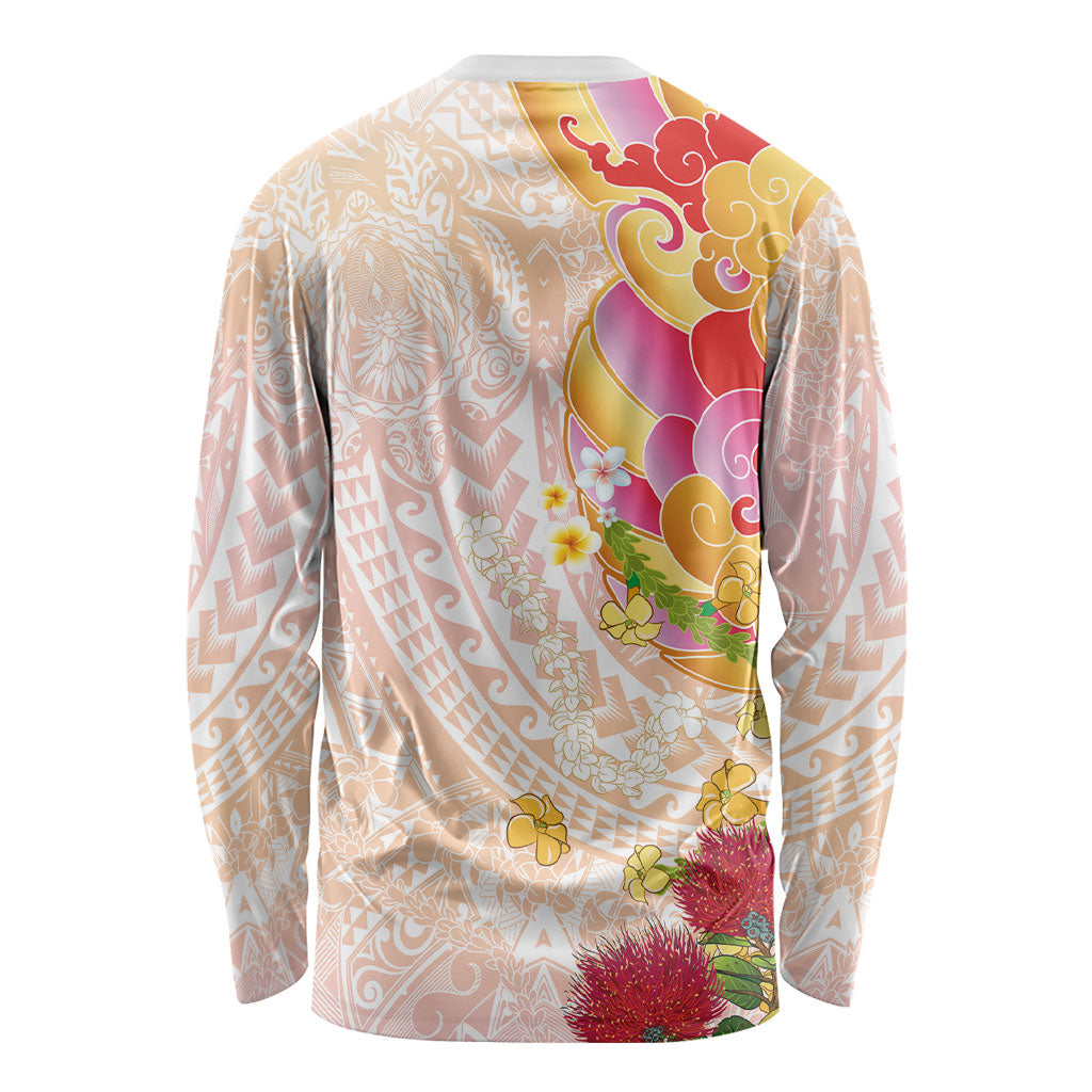 Japanese and Hawaiian Culture Fusion Long Sleeve Shirt Irezumi with Turtles and Lei Kakau Pattern Sunset Vibe LT03 - Polynesian Pride