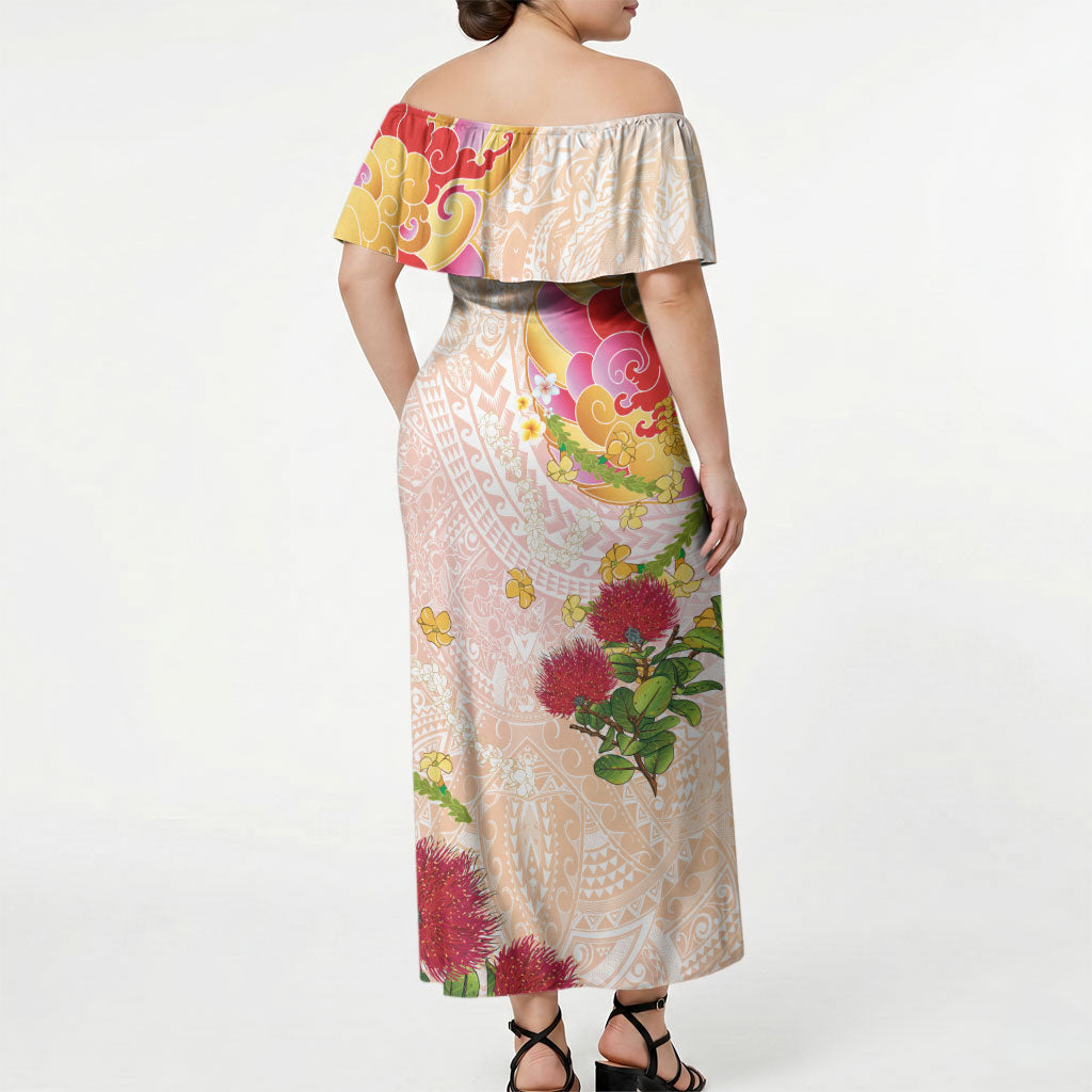 Japanese and Hawaiian Culture Fusion Off Shoulder Maxi Dress Irezumi with Turtles and Lei Kakau Pattern Sunset Vibe LT03 - Polynesian Pride