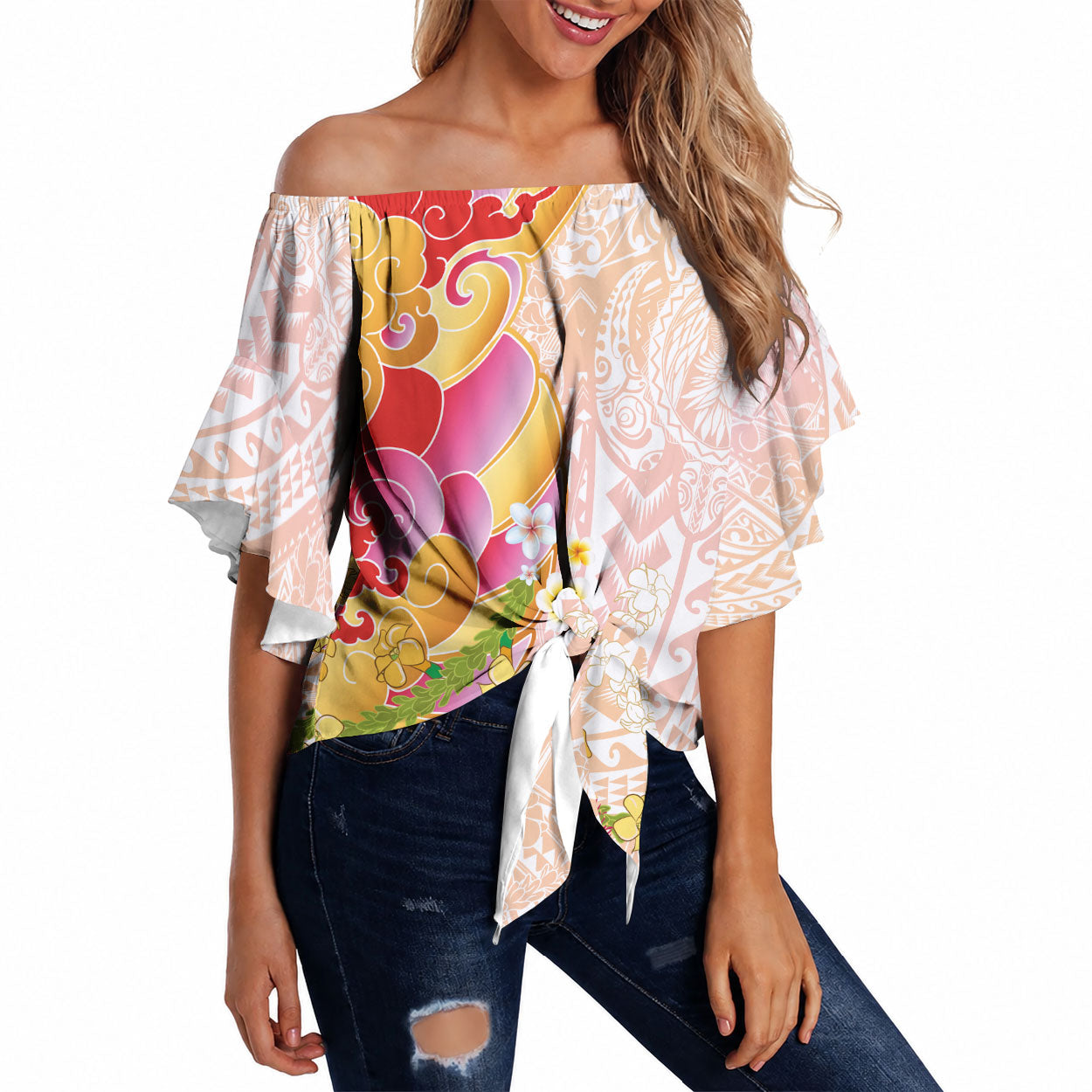 Japanese and Hawaiian Culture Fusion Off Shoulder Wrap Waist Top Irezumi with Turtles and Lei Kakau Pattern Sunset Vibe LT03 Multicolor - Polynesian Pride