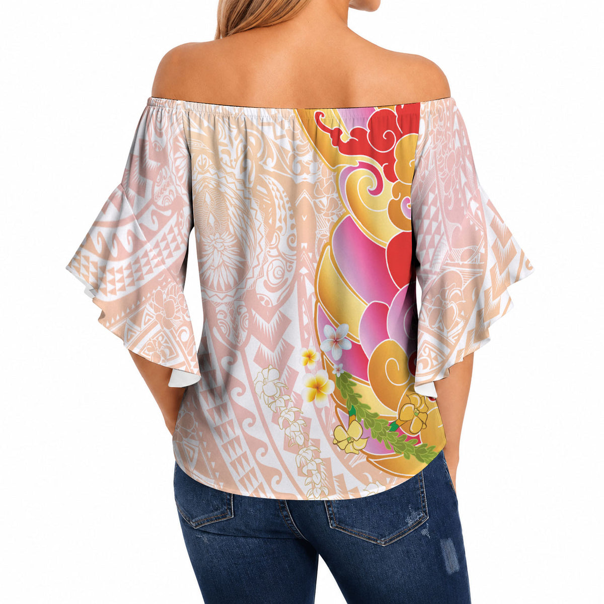 Japanese and Hawaiian Culture Fusion Off Shoulder Wrap Waist Top Irezumi with Turtles and Lei Kakau Pattern Sunset Vibe LT03 - Polynesian Pride