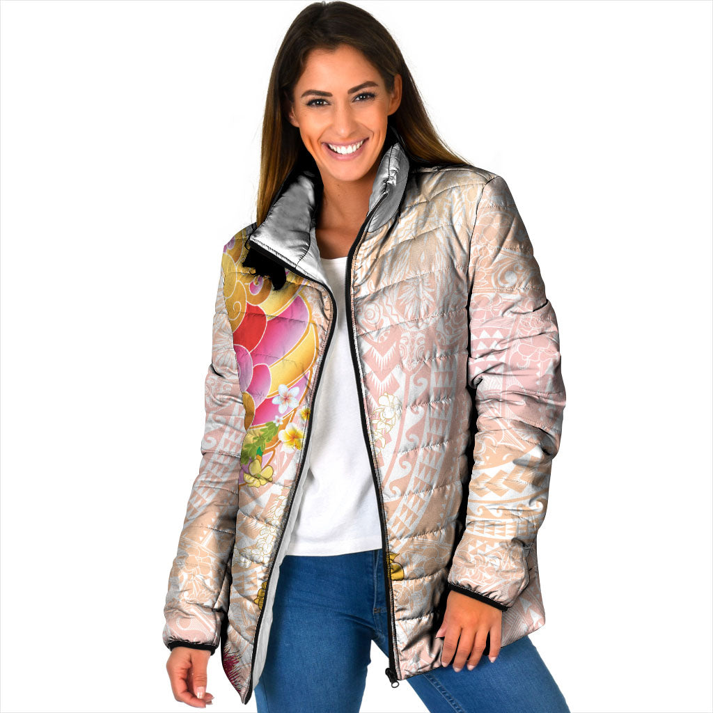 Japanese and Hawaiian Culture Fusion Padded Jacket Irezumi with Turtles and Lei Kakau Pattern Sunset Vibe LT03 Women Multicolor - Polynesian Pride
