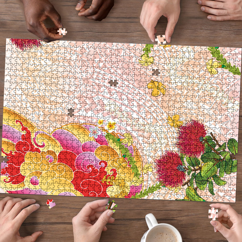 Japanese and Hawaiian Culture Fusion Puzzle Irezumi with Turtles and Lei Kakau Pattern Sunset Vibe LT03 - Polynesian Pride