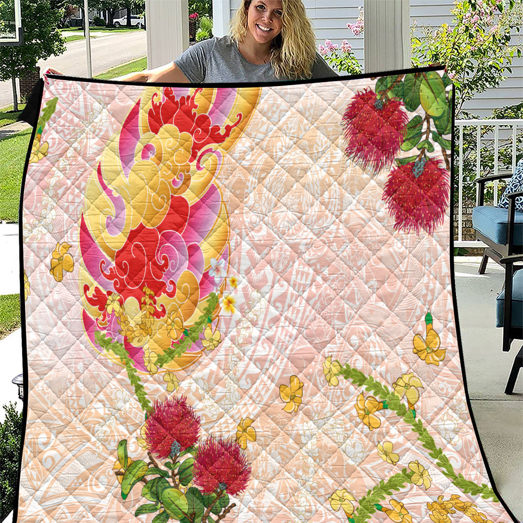 Japanese and Hawaiian Culture Fusion Quilt Irezumi with Turtles and Lei Kakau Pattern Sunset Vibe