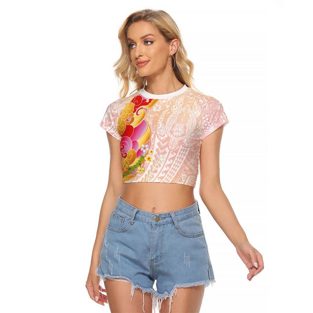 Japanese and Hawaiian Culture Fusion Raglan Cropped T Shirt Irezumi with Turtles and Lei Kakau Pattern Sunset Vibe LT03 Female Multicolor - Polynesian Pride