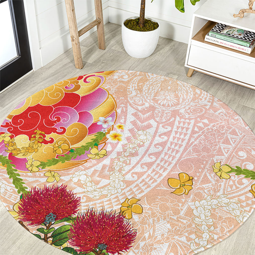 Japanese and Hawaiian Culture Fusion Round Carpet Irezumi with Turtles and Lei Kakau Pattern Sunset Vibe LT03 Multicolor - Polynesian Pride