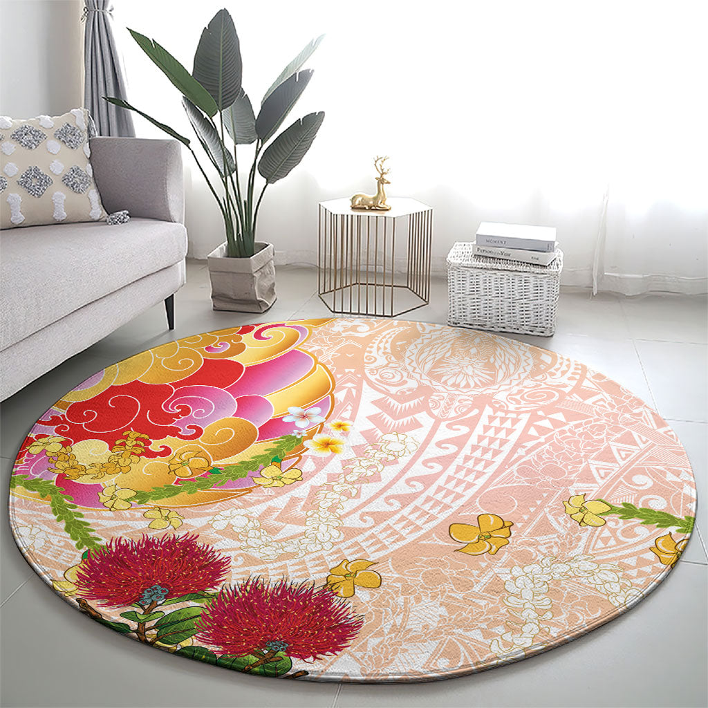 Japanese and Hawaiian Culture Fusion Round Carpet Irezumi with Turtles and Lei Kakau Pattern Sunset Vibe LT03 - Polynesian Pride