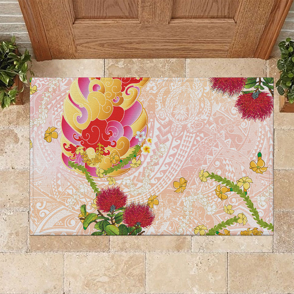Japanese and Hawaiian Culture Fusion Rubber Doormat Irezumi with Turtles and Lei Kakau Pattern Sunset Vibe LT03 Multicolor - Polynesian Pride
