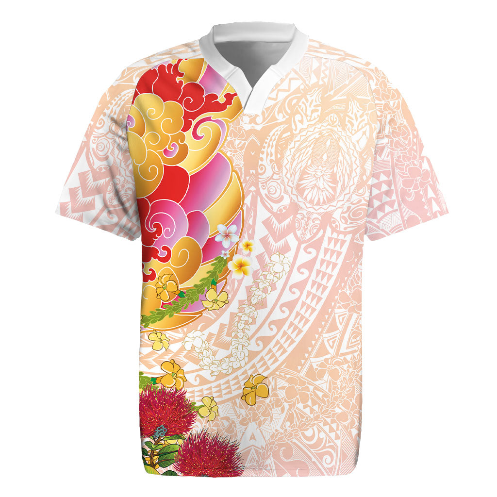 Japanese and Hawaiian Culture Fusion Rugby Jersey Irezumi with Turtles and Lei Kakau Pattern Sunset Vibe