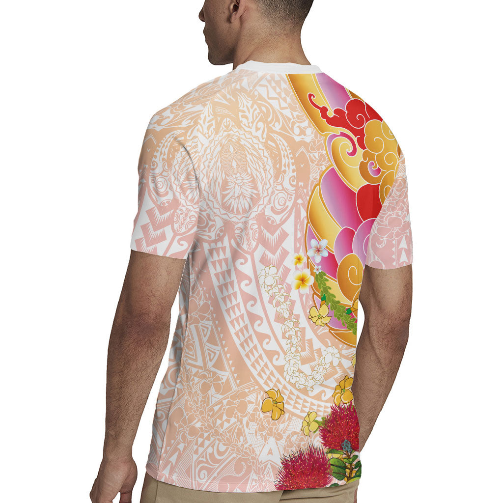 Japanese and Hawaiian Culture Fusion Rugby Jersey Irezumi with Turtles and Lei Kakau Pattern Sunset Vibe LT03 - Polynesian Pride