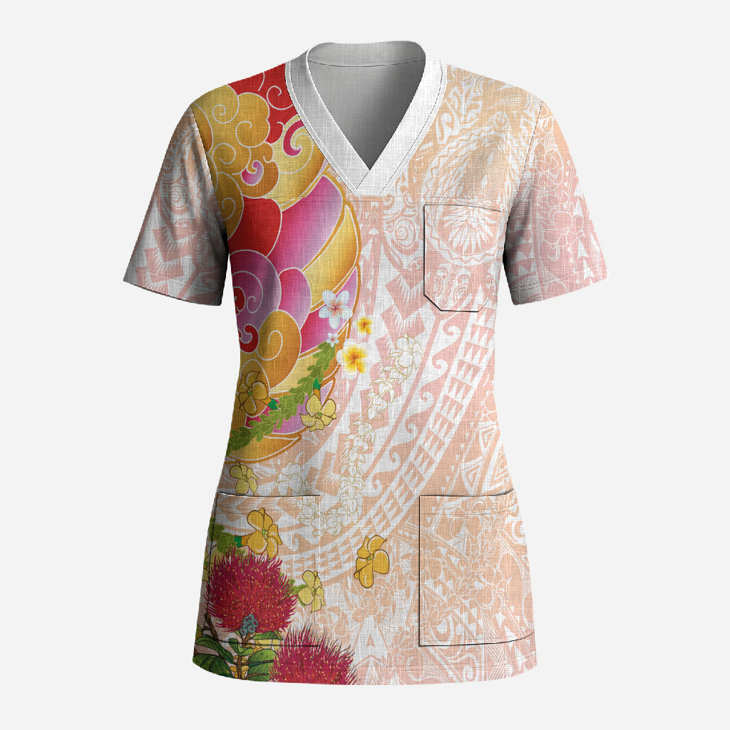Japanese and Hawaiian Culture Fusion Scrub Top Irezumi with Turtles and Lei Kakau Pattern Sunset Vibe LT03 Adult Multicolor - Polynesian Pride