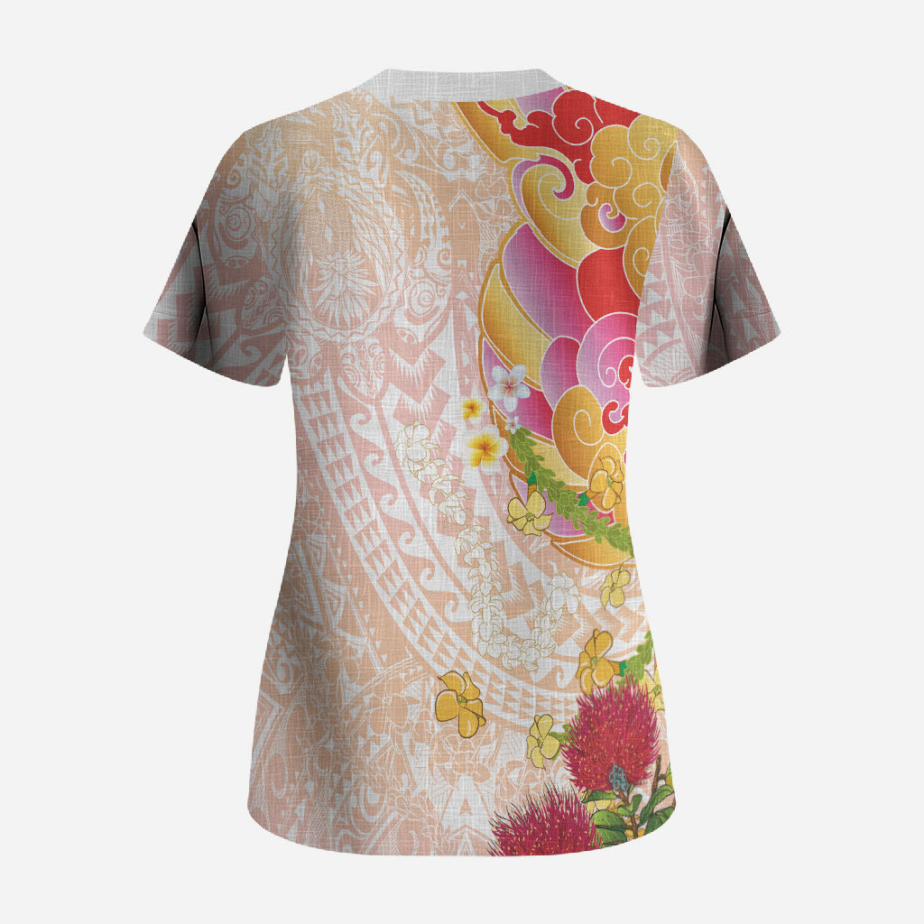 Japanese and Hawaiian Culture Fusion Scrub Top Irezumi with Turtles and Lei Kakau Pattern Sunset Vibe LT03 - Polynesian Pride