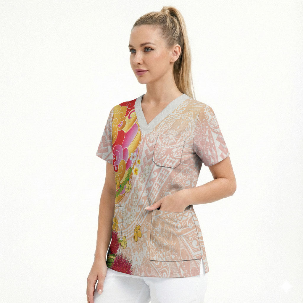 Japanese and Hawaiian Culture Fusion Scrub Top Irezumi with Turtles and Lei Kakau Pattern Sunset Vibe LT03 - Polynesian Pride
