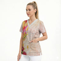 Japanese and Hawaiian Culture Fusion Scrub Top Irezumi with Turtles and Lei Kakau Pattern Sunset Vibe LT03 - Polynesian Pride