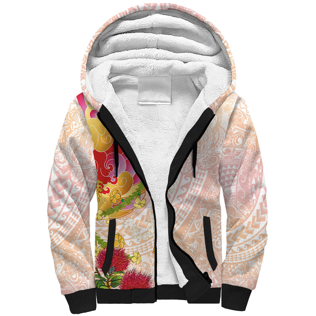Japanese and Hawaiian Culture Fusion Sherpa Hoodie Irezumi with Turtles and Lei Kakau Pattern Sunset Vibe LT03 Unisex Multicolor - Polynesian Pride