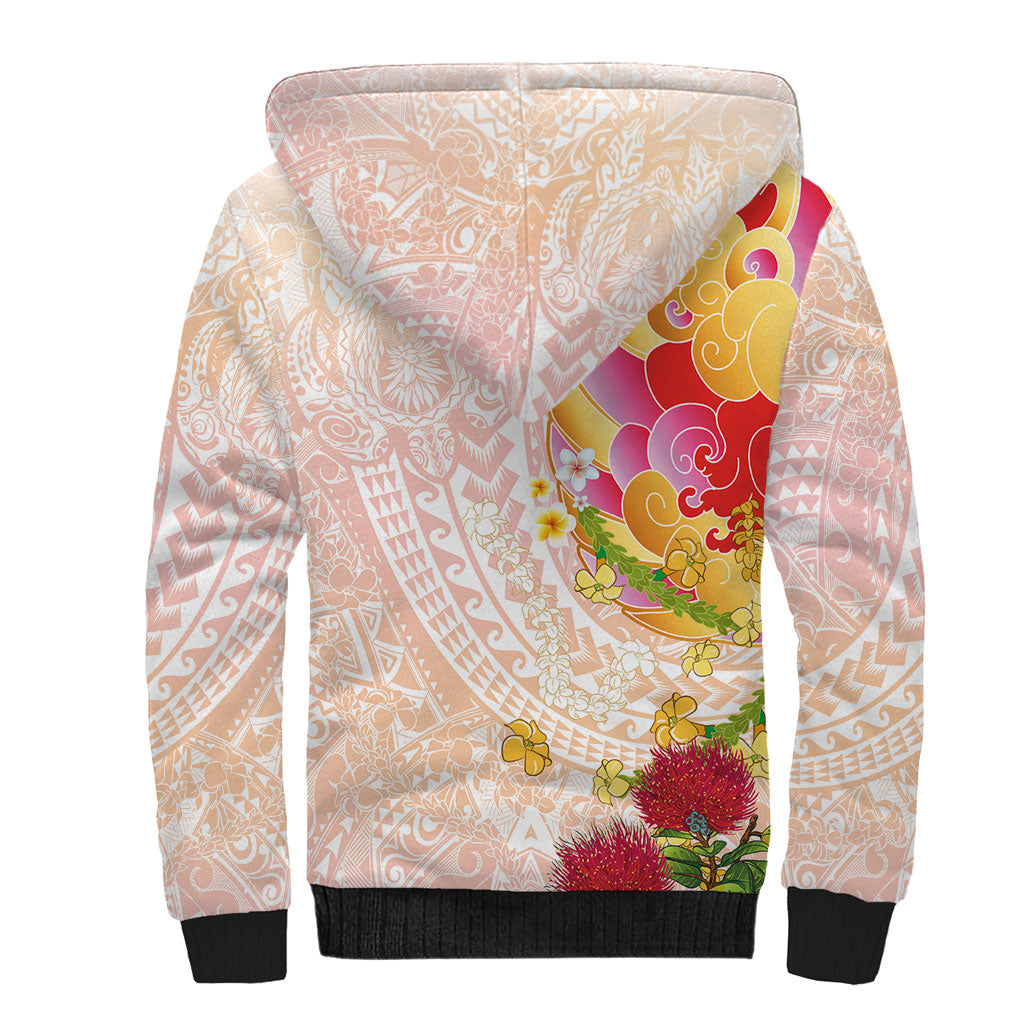 Japanese and Hawaiian Culture Fusion Sherpa Hoodie Irezumi with Turtles and Lei Kakau Pattern Sunset Vibe LT03 - Polynesian Pride