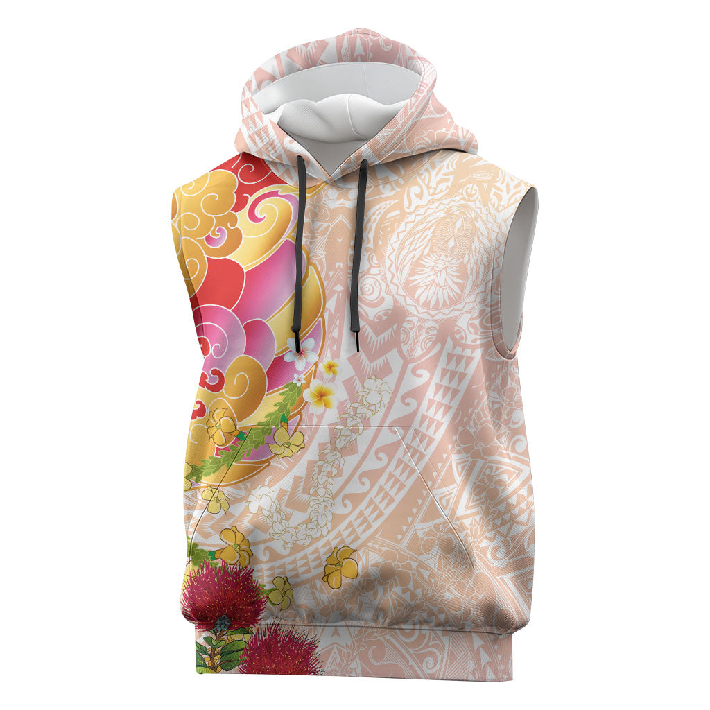 Japanese and Hawaiian Culture Fusion Sleeveless Hoodie Irezumi with Turtles and Lei Kakau Pattern Sunset Vibe