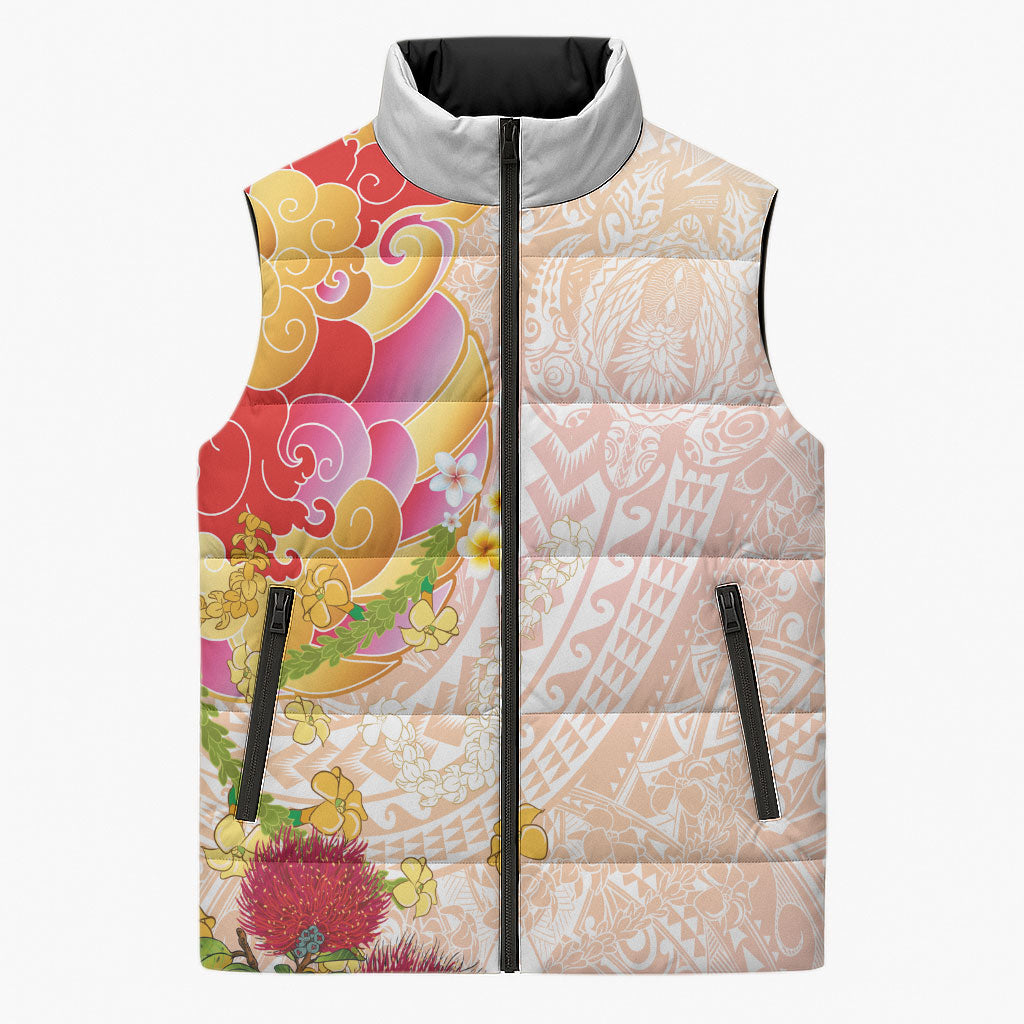 Japanese and Hawaiian Culture Fusion Sleeveless Puffer Jacket Irezumi with Turtles and Lei Kakau Pattern Sunset Vibe LT03 Unisex Multicolor - Polynesian Pride