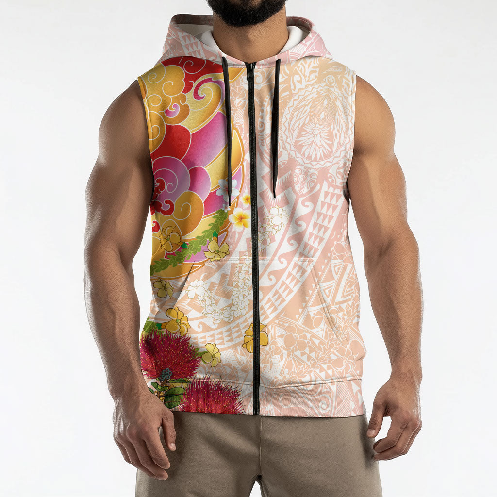Japanese and Hawaiian Culture Fusion Sleeveless Zip Hoodie Irezumi with Turtles and Lei Kakau Pattern Sunset Vibe LT03 - Polynesian Pride